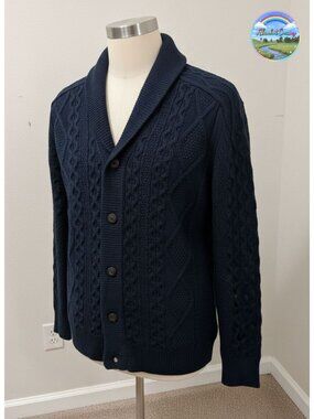 Mens Cable Knit Shawl Collar Cardigan Sweater Button Up Chunky